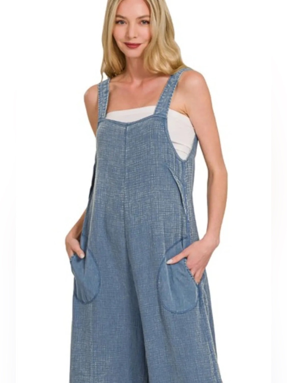 π FREE Cami w/Gauze Washed Wide Leg Overalls Dusty Blue Pocketed Jumpsuit - Picture 3 of 4